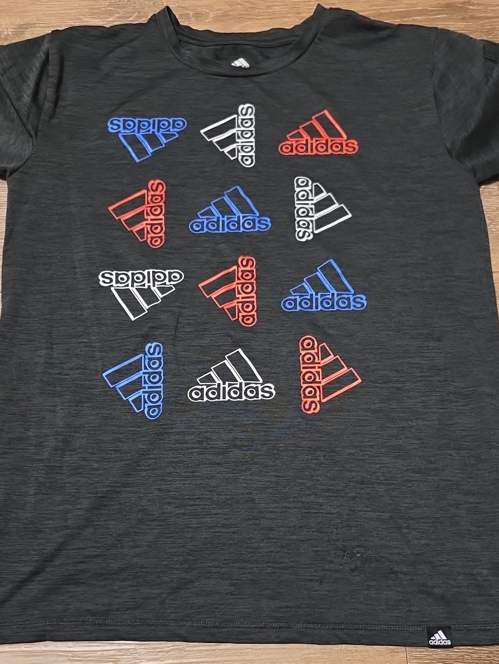adidas Black Short Sleeve Tee with Red, Blue and White Logo Grid